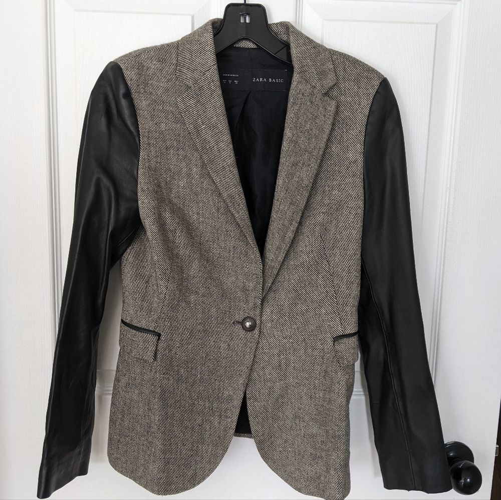 Zara Faux Leather Sleeve Herringbone Blazer